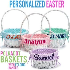 Personalized Easter Basket Easter Baskets Folding Handle Polkadot Easter Basket Liner Blue Green Purple Pink For Boys Girls White Yellow image 1