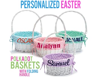Personalized Easter Basket -Easter Baskets Folding Handle Polkadot Easter Basket Liner Blue Green Purple Pink For Boys Girls White Yellow