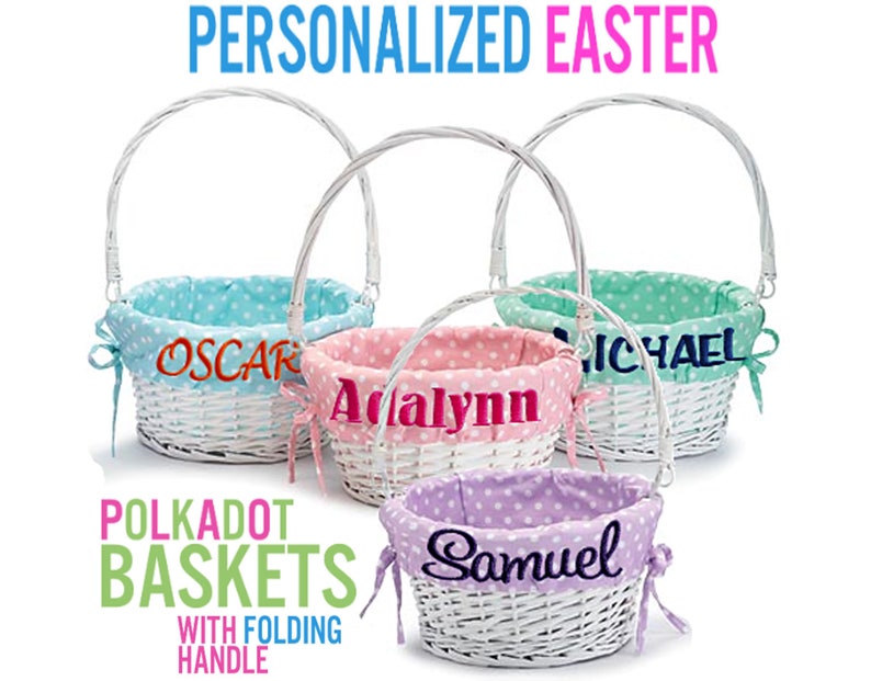 Personalized Easter Basket Easter Baskets Folding Handle Polkadot Easter Basket Liner Blue Green Purple Pink For Boys Girls White Yellow image 1