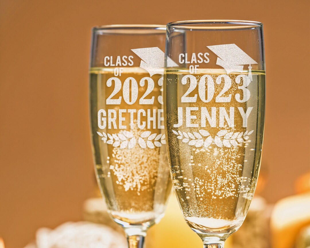 Class of 2023 Personalized Graduation Champagne Flute Engraved Cap and