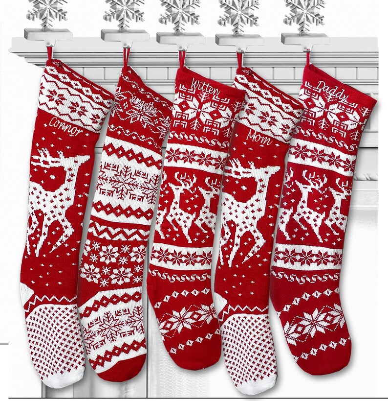 Knit Christmas Stockings Red White Reindeer or Snowflake  Etsy