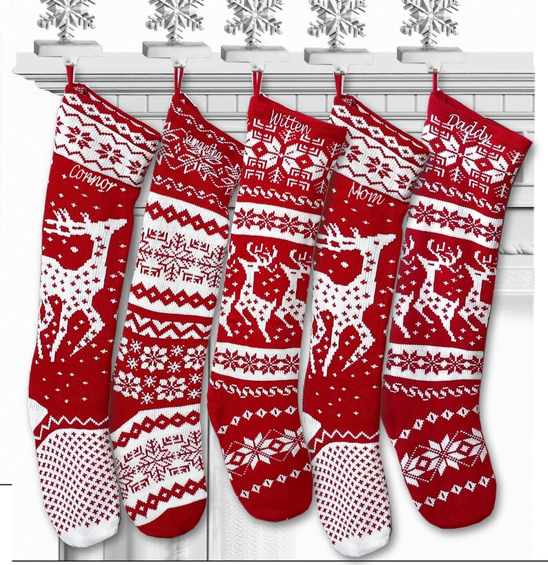 Knit Christmas Stockings Red White Reindeer or Snowflake Design Scandinavian Nordic Modern Holiday Theme Minimalist Look Custom Long image 1