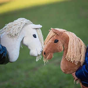 May include: Two plush hobby horses, one cream-colored and one brown, with flowing manes and black eyes. The horses are held up, appearing to be facing each other. The background is a blurred green field.