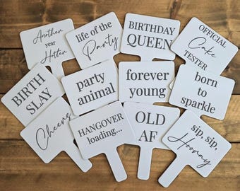 Birthday Photo Booth Props | Birthdays, Parties and Weddings | 12-Pack, 6 Pack or Individual | Funny, Glam, Stylish and Classy Signs