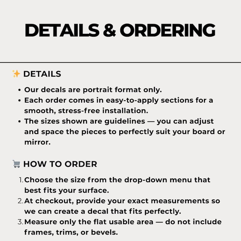 May include: Text on a cream-colored background reads "DETAILS & ORDERING." Details include portrait format decals, easy-to-apply sections, and adjustable sizes. Instructions on how to order are also provided.