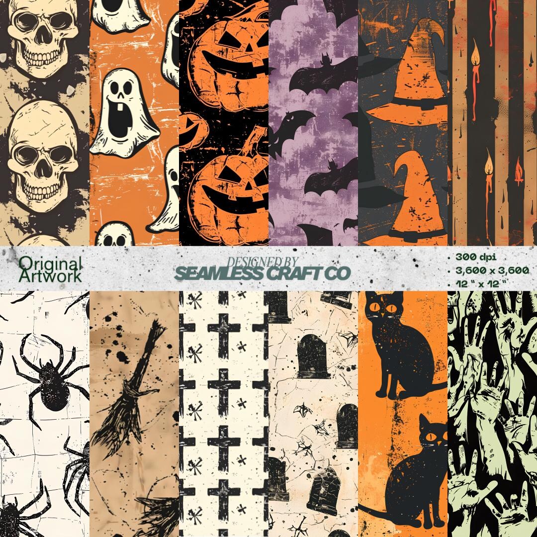 Vintage Halloween Seamless Pattern Bundle: Grunge Horror Digital Papers ...