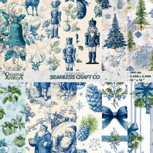 May include: Digital Christmas-themed papers with blue and white illustrations. Designs include nutcrackers, deer, bells, pinecones, and Santa Claus. The text "Original Artwork" and "Designed by SEAMLESS CRAFT CO" are visible. The size is 30.48 cm x 30.48 cm.