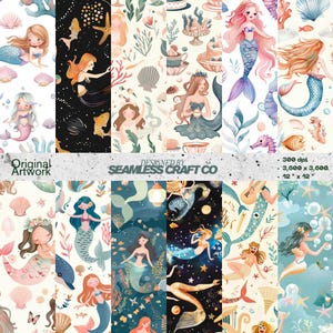 Mermaid Seamless Patterns – Underwater Fantasy, Ocean Creatures & Seashell Digital Paper Bundle l Instant digital download