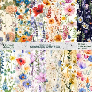 Seamless Watercolor Wildflower Digital Paper, Meadow Floral Patterns, Hand Painted Botanical Backgrounds for Scrapbooking and Crafts