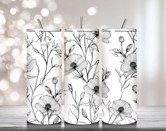 Elegant Botanical Line Art Floral Tumbler Wrap PNG, Black and White Wildflower Sketch Design for 20 oz Sublimation Tumbler