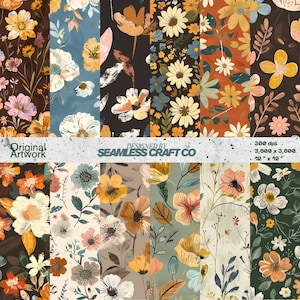 Rustic Autumn Wildflower Seamless Digital Paper Bundle – Vintage Botanical Floral Patterns for Scrapbooking, Crafts, and Fabric Design
