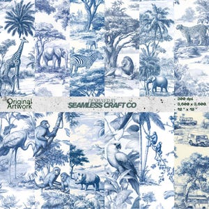 Peut inclure: Un motif de toile de Jouy bleu et blanc représentant divers animaux et paysages africains. Le motif comprend des girafes, des éléphants, des zèbres, des lions, des singes et des perroquets. Le texte "Original Artwork" et "Designed by Seamless Craft Co" sont visibles.