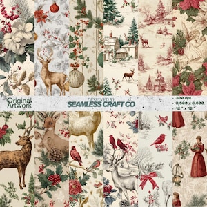 May include: Digital Christmas-themed paper designs featuring deer, birds, and winter scenes in red, green, and cream. The text "Original Artwork" and "Designed by Seamless Craft Co" are visible. Each paper measures 30.48 cm x 30.48 cm.