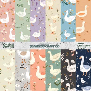Cute Goose Seamless Patterns Bundle | Farm Animal Pastel Digital Paper | Kawaii Doodle Ducks & Flowers Scrapbook Backgrounds