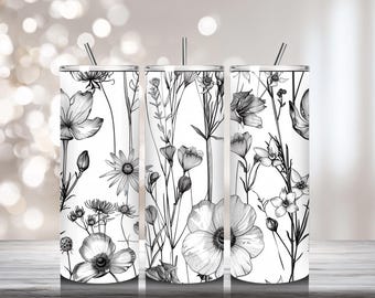 Detailed Botanical Line Art Floral Tumbler Wrap PNG, Black and White Wildflower Illustration Design for 20 oz Sublimation Tumbler