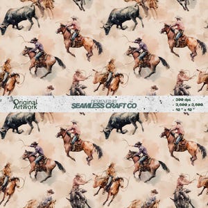 May include: Watercolor pattern featuring cowboys on horseback roping cattle. The design includes cowboys in hats and shirts, riding brown horses, and dark-colored bulls. The background is a light beige color. The text "Original Artwork" and "Designed by Seamless Craft Co" is visible.