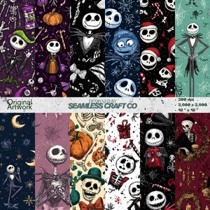 May include: A selection of digital seamless patterns showcasing Jack Skellington illustrations from The Nightmare Before Christmas. Designs include pumpkins, spiderwebs, and festive elements in diverse colour schemes. The text "Original Artwork" and "Designed by Seamless Craft Co" are visible.