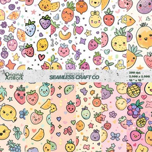 Kawaii Fruit Patterns: Pastel Summer Digital Paper (PNG, Digital Download)