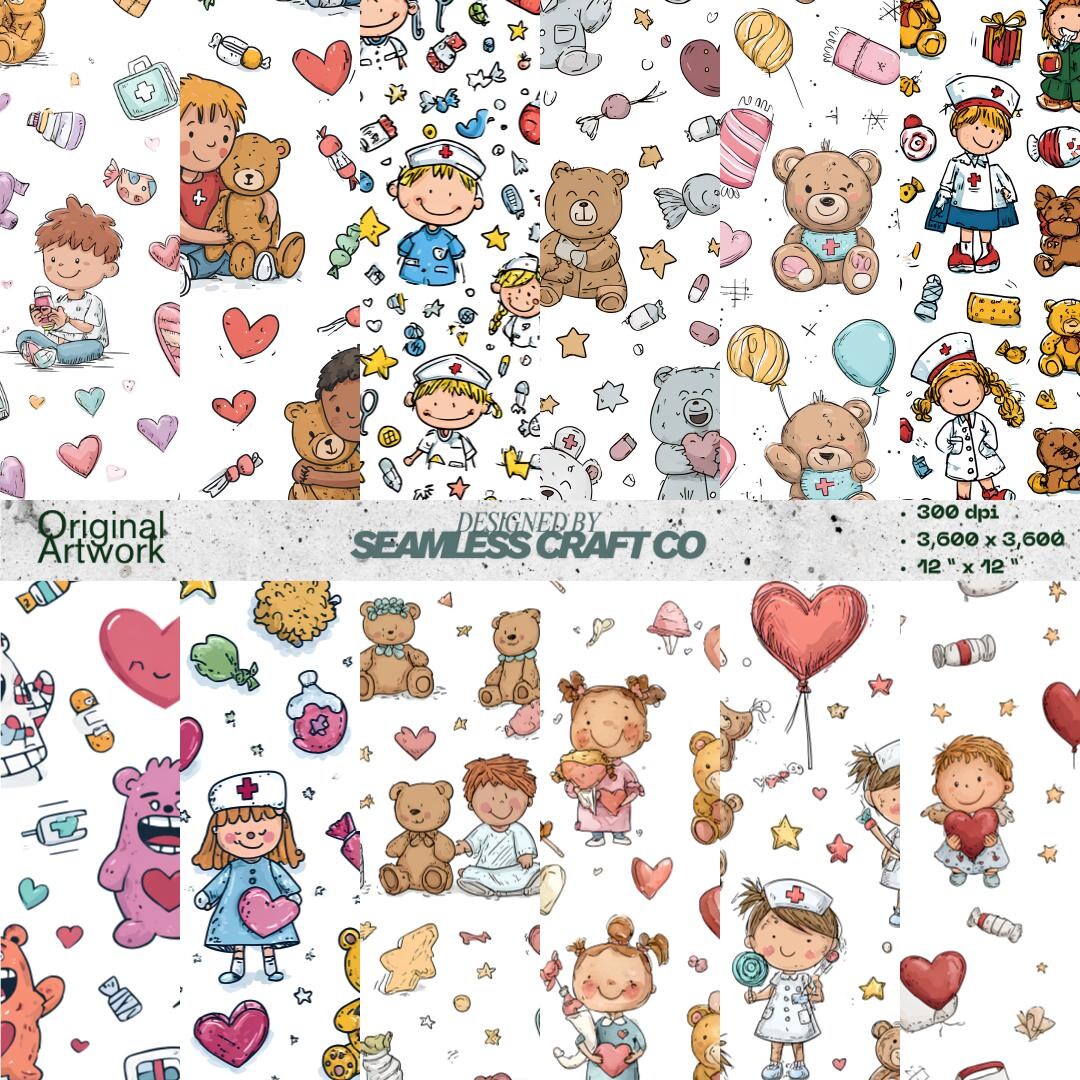 Pediatric Nurse Seamless Pattern : Kids & Teddy Bear Clipart (digital ...