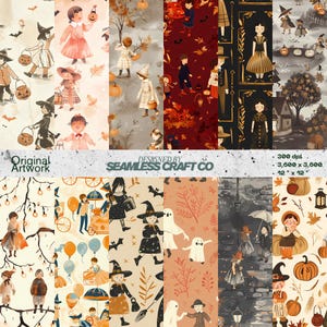 Vintage Halloween Seamless Patterns | Trick or Treat Kids, Pumpkins, Witches, Ghosts & Autumn Scenes | Instant digital download