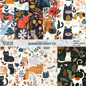 Playful Cats Seamless Pattern - Cute Hand Drawn Floral Cat Design in Warm Tones | Retro Y2K Style