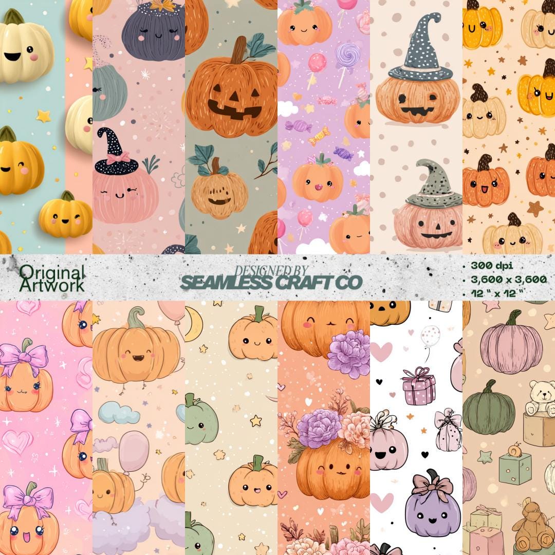 Kawaii Pumpkin Seamless Patterns: Halloween & Autumn Digital Paper (PNG ...