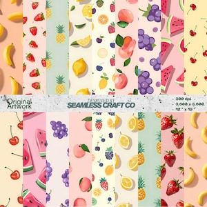 Cute Fruit Seamless Pattern Bundle | Kawaii Strawberry Lemon Orange PNG | Pastel Summer Fruit Digital Paper for Sublimation & Crafts