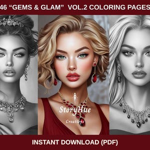 46 &quot;Gems & Glam Vol. 2&quot; Grayscale Coloring Pages for Adults|Black Women|Beautiful Women|Jewerly|Hairstyles|Realistic Portraits|Digital|PDF