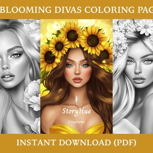 44 Blooming Divas Vol. 2 Grayscale Coloring Pages for Adults|Beautiful Women|Flowers|Black Women|Realistic Portraits|Digital|PDF|