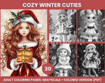 30 Cozy Winter Cuties Grayscale Coloring Pages | Holiday Season | Gnomes | Digital Download (PDF)