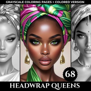 68 Headwrap Queens Grayscale Coloring Pages for Adults | Black Women | Digital Download (PDF)