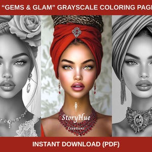 46 &quot;Gems & Glam&quot; Grayscale Coloring Pages for Adults|Black Women|Gemstones|Beautiful Women|Realistic Portraits|Flowers|Glamour|Digital|PDF