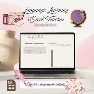 May include: A laptop displays a language learning dashboard with the text "Language Learning Excel Tracker" and "Download Now!". The image includes a globe, books, and a feather, with the text "Master a language beautifully".