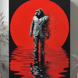 Surreal Gorilla in Suit Art - Disintegrating Effect, Digital Download, Modern Wall Art, Unique Animal Print, Trippy Decor
