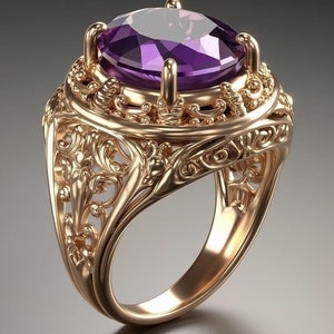 Puede incluir: Un anillo de oro con un diseño filigrano intrincado y una gran piedra preciosa de amatista de forma ovalada.