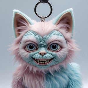 May include: A whimsical keychain featuring a creature with a blue face, pink and blue fur, and large blue eyes. The creature has a wide grin and is attached to a silver keyring.