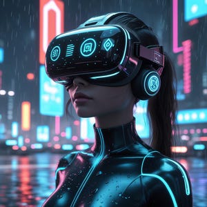 cyberpunk, futuristic, high-tech, neon, cyber suit, virtual reality, cyberpunk environment, sci-fi world, AI interface, digital future