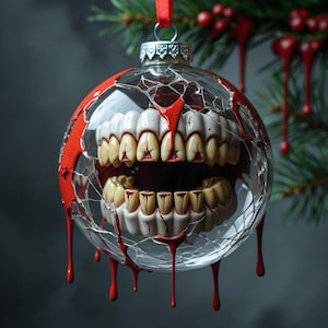 May include: A clear glass Christmas ornament with a cracked surface, featuring a set of teeth inside. Red paint drips down the ornament, resembling blood. The ornament hangs from a red ribbon against a dark background with a hint of a Christmas tree.