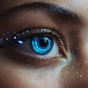 Op de afbeelding: Close-up van een oog met een blauwe contactlens met een gloeiend, cirkelvormig patroon. Het oog kijkt naar rechts.