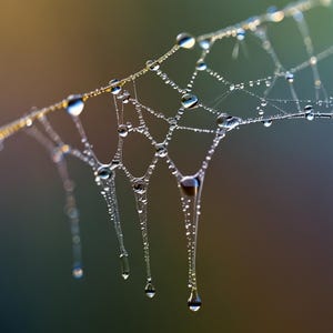以下が含まれることがあります： 水滴が付いたクモの巣のクローズアップ。 巣は繊細な糸で複雑に織られており、水滴が光を反射してキラキラとした効果を生み出しています。 背景は柔らかな色のグラデーションで、巣の細部を際立たせています。