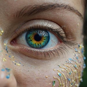 Puede incluir: Primer plano de un ojo azul con un iris amarillo y verde. El ojo está rodeado de pestañas y la piel alrededor del ojo está cubierta de pequeños puntos de colores.