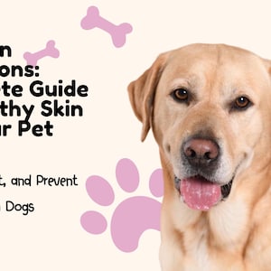 May include: A light brown Labrador Retriever dog with a pink tongue sticking out, looking directly at the camera. The background is a light beige with pink paw prints and bone shapes.
