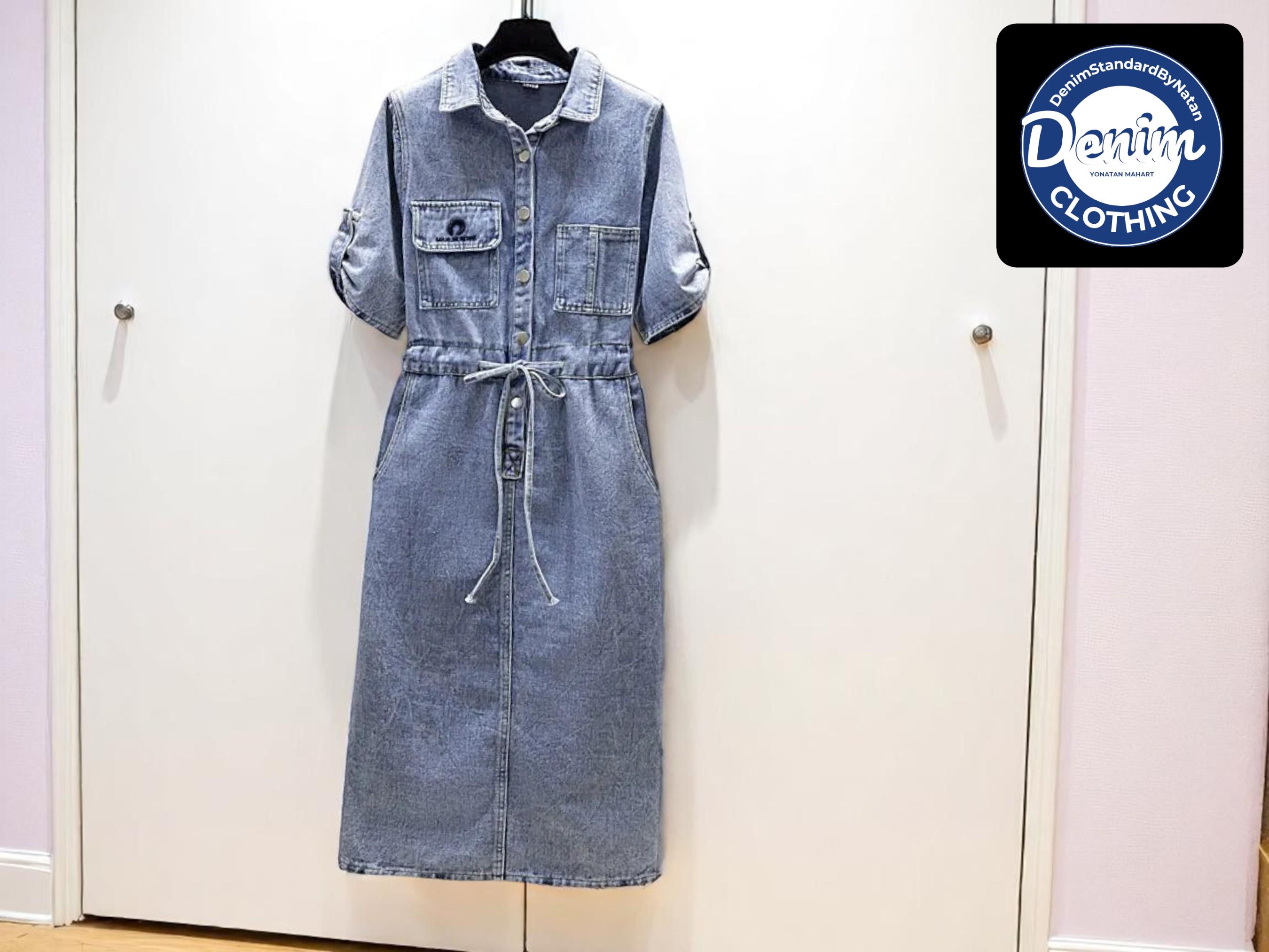 Damen Denim Jeans Kleid | Lässiger Overall Shirt Style | Frühling Sommer Outfit | Kurzarm Mode | Taillenbindung über dem Knie