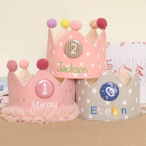 Corona di compleanno per bambini ricamata a mano con nome personalizzato, cappello per la festa del primo compleanno del bambino, corona personalizzata per la torta smash