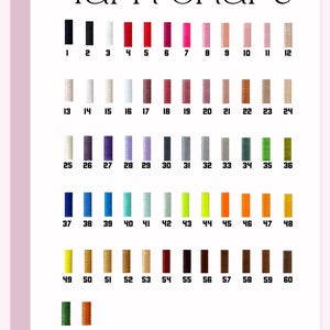 May include: A color chart labeled "Yarn Chart" displays 62 yarn color samples. The samples are arranged in rows and columns, each with a corresponding number. Colors range from black to pink, blue, green, and brown.