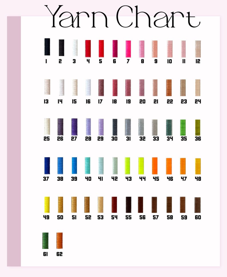 May include: A color chart labeled "Yarn Chart" displays 62 yarn color samples. The samples are arranged in rows and columns, each with a corresponding number. Colors range from black to pink, blue, green, and brown.