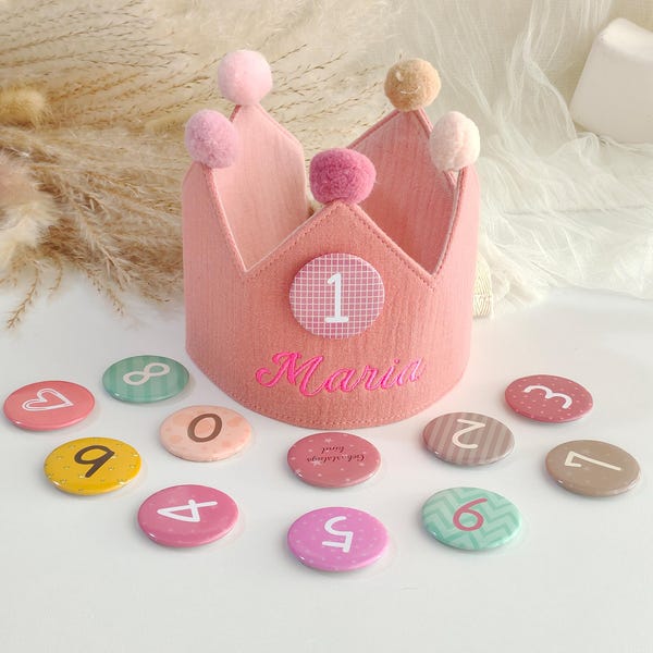 パーソナライズされた刺繍入りの名前入り子供用誕生日クラウン、赤ちゃんの1歳の誕生日パーティーハット、カスタム幼児用クラウンケーキスマッシュクラウン