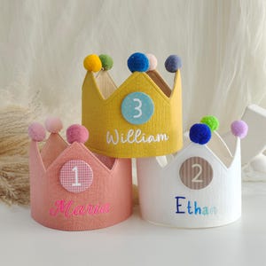 Corona di compleanno per bambini con nome ricamato a mano personalizzato, cappello per la festa del primo compleanno del bambino, corona personalizzata per la torta smash per bambini piccoli