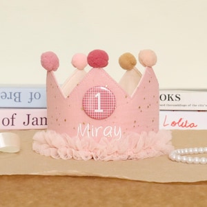 Corona di compleanno per bambini con nome personalizzato ricamata a mano, cappello per la festa del primo compleanno del bambino, corona personalizzata per la festa della figlia.