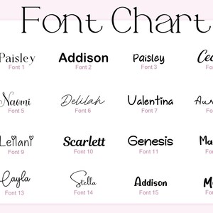May include: A font chart featuring 16 different font styles, each with a unique name and number. The fonts range from elegant cursive to bold, modern styles, displayed on a white background with a soft pink border.